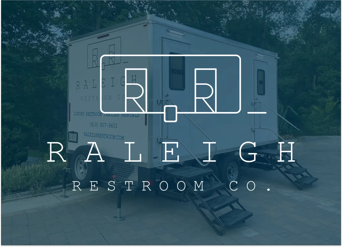 Restroom trailer with logo and text overlay for Raleigh Restroom Co.